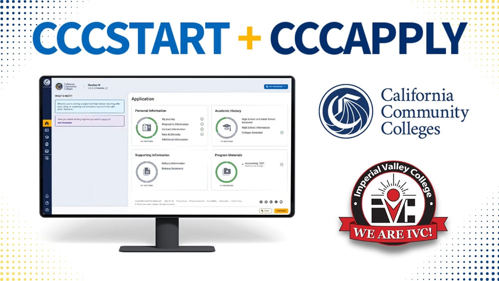 CC C Start + CC Apply graphic featuring a computer screen displaying an online application portal, with California Community Colleges and Imperial Valley College logos